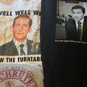 The office- grey short sleeve, white short sleeved, black pullover sweatshirt